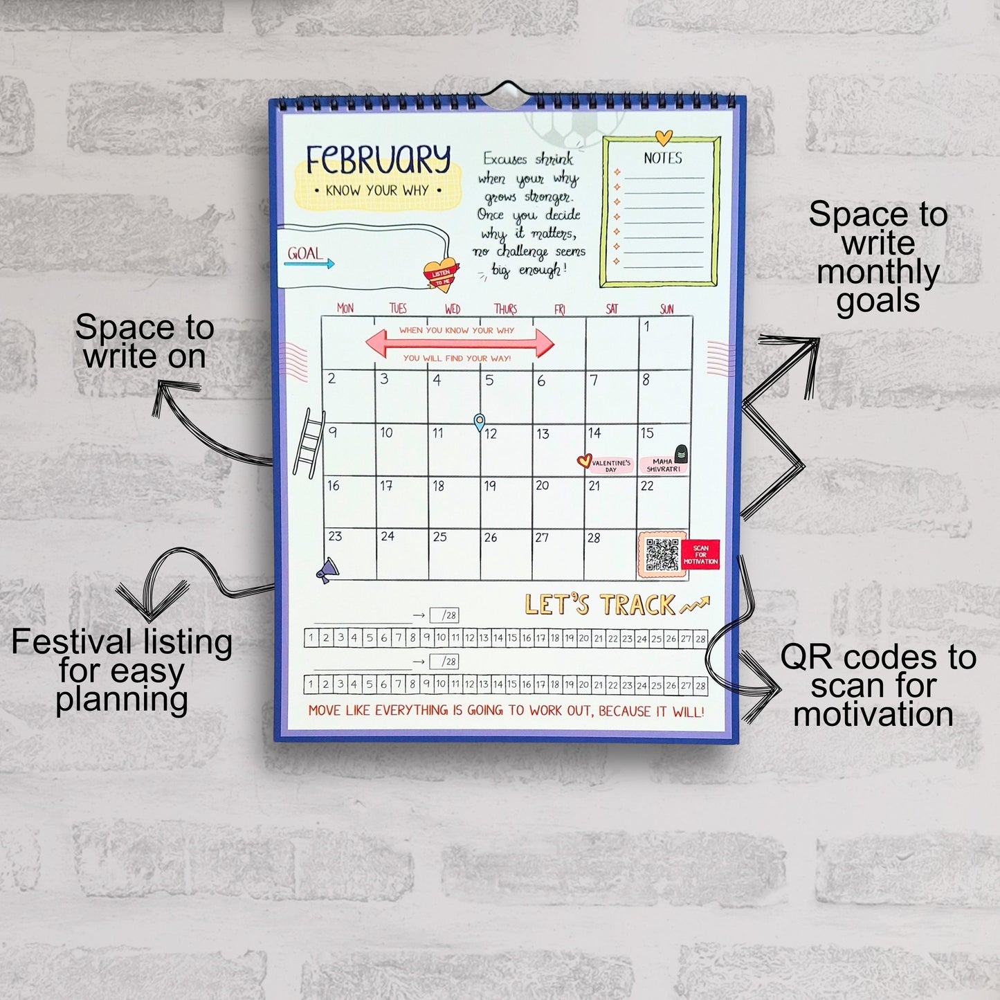 Calendar with motivational text and QR codes on a gray brick wall background
