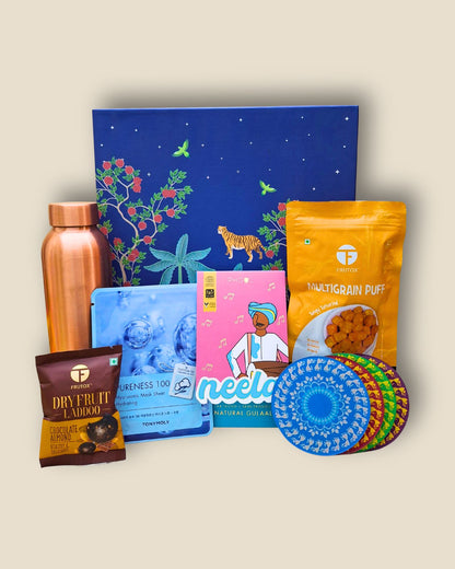 Assorted products including a copper water bottle, packets, and a decorative plate on a beige background