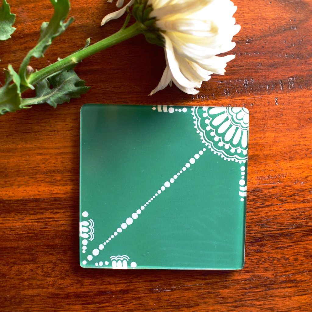 Green and White Doodle - Coaster